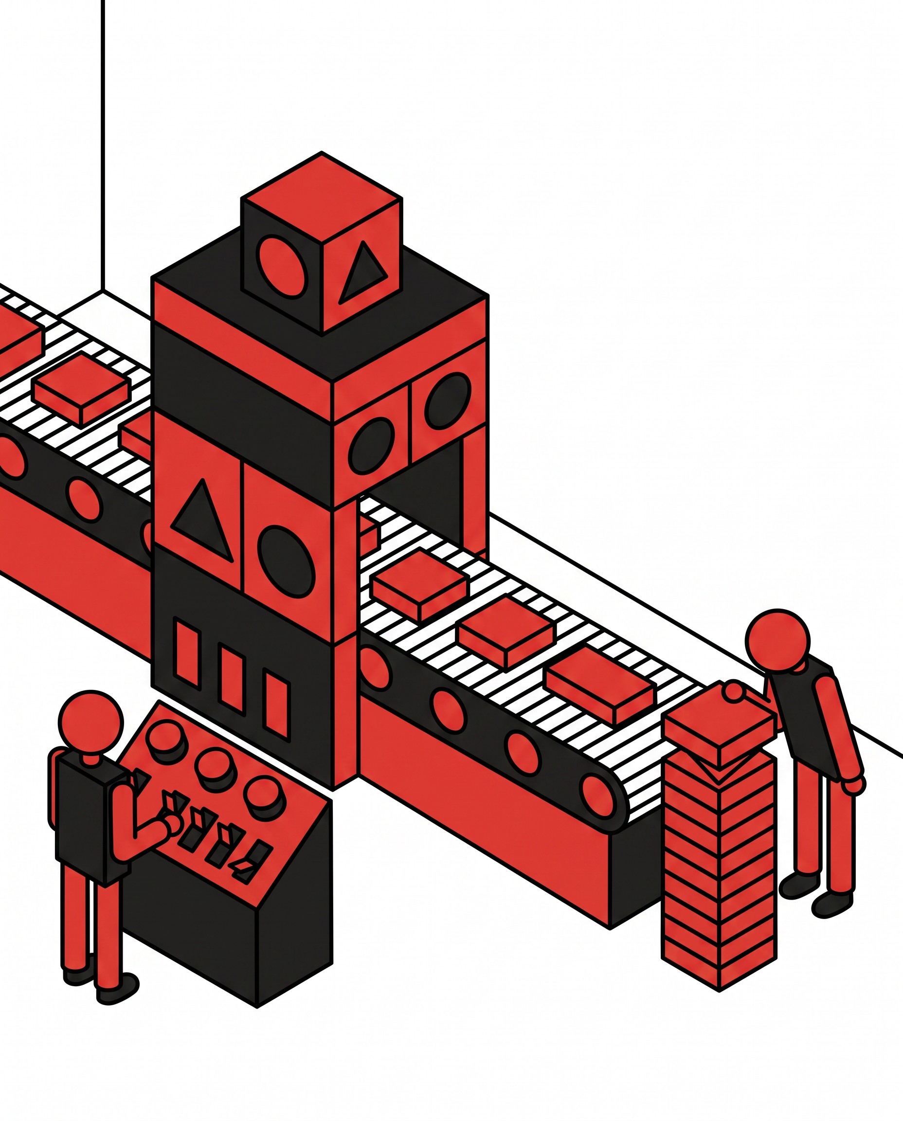 An isometric illustration of the o-MATIC factory: blocks travel along a conveyor through a machine and come out the far end as finished stacked work, with one operator at the control panel and another inspecting the output.