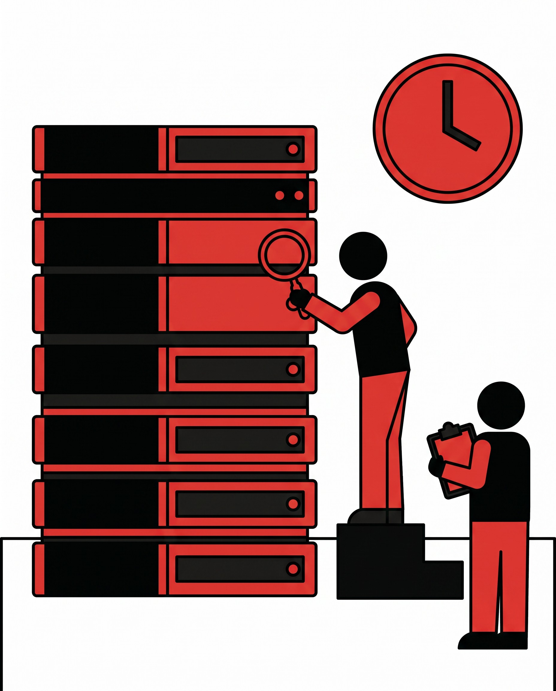 An illustration of a tall stack of server units with one operator inspecting a unit through a magnifying glass and another recording the check on a clipboard, with a clock on the wall behind them.