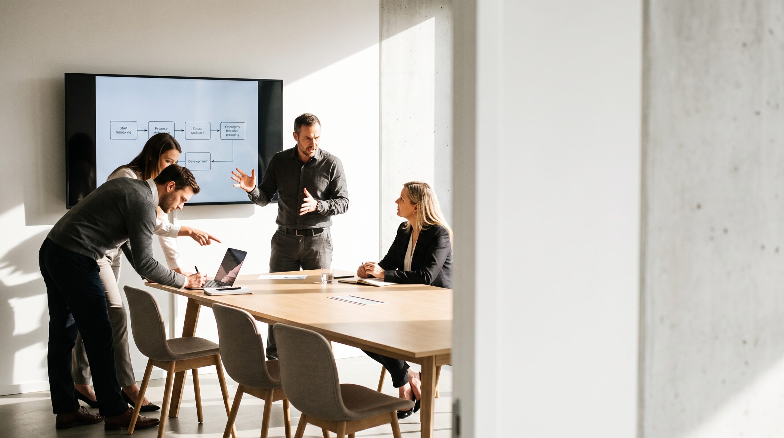 Four colleagues around a conference table working through a process diagram on a wall screen